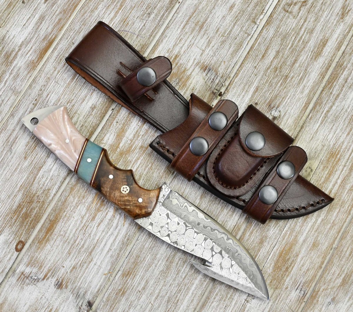 Voyager Damascus Gut Hook Knife with Exotic Rose Wood and Mother of Pearl Handle
