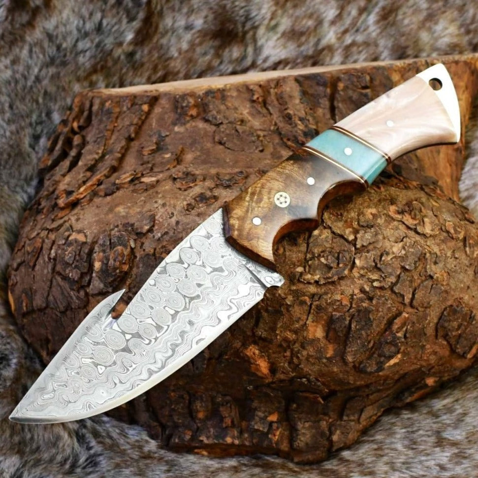 Voyager Damascus Gut Hook Knife with Exotic Rose Wood and Mother of Pearl Handle