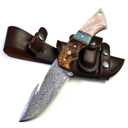 Voyager Damascus Gut Hook Knife with Exotic Rose Wood and Mother of Pearl Handle