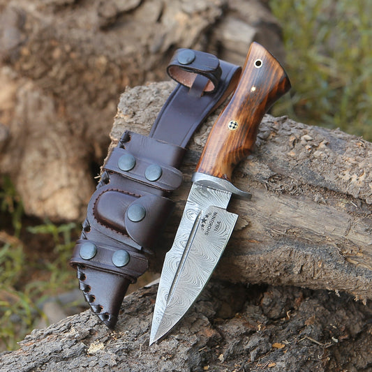 Frontier Custom Damascus Steel Knife with Charred Oak Wood Handle