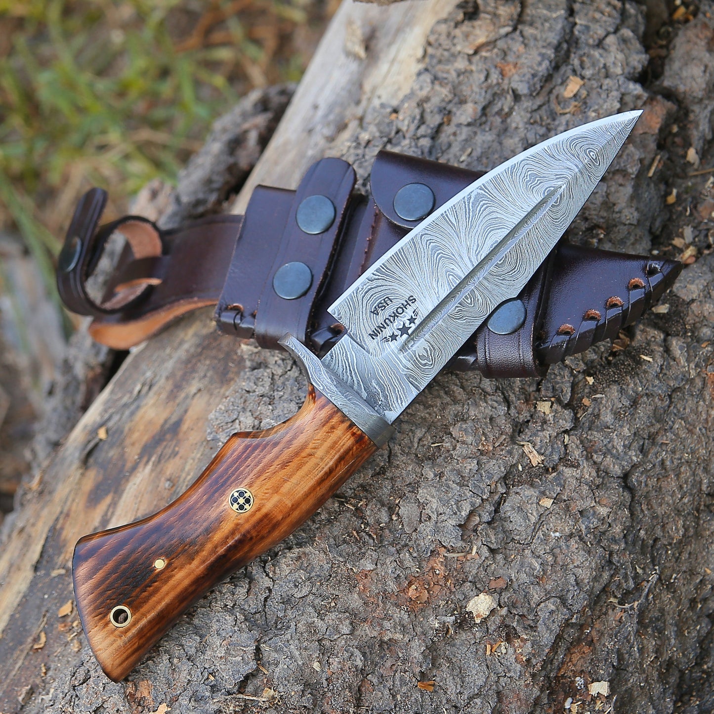Frontier Custom Damascus Steel Knife with Charred Oak Wood Handle