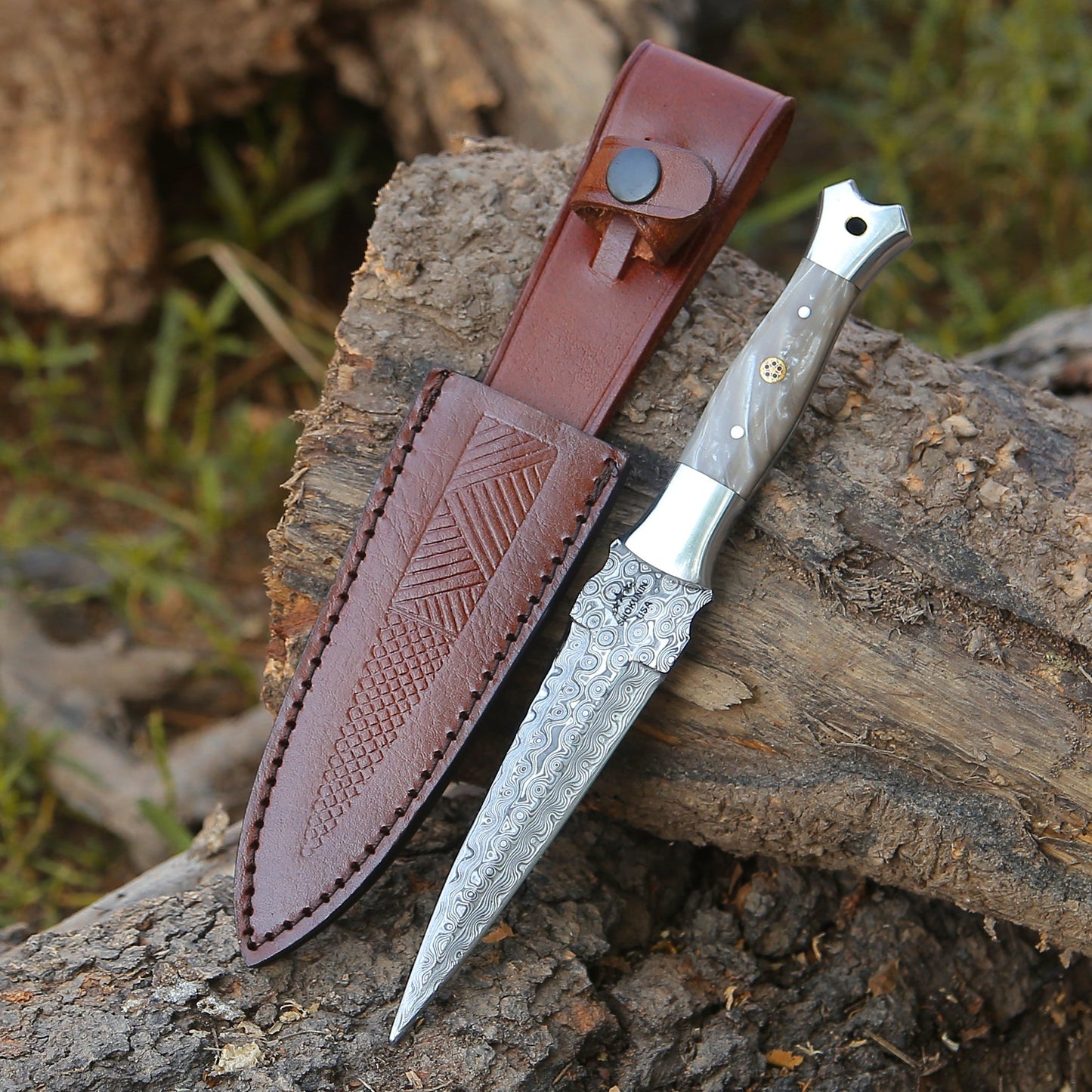 Prowler Damascus Fixed Blade Knife with Mother of Pearl Resin Handle
