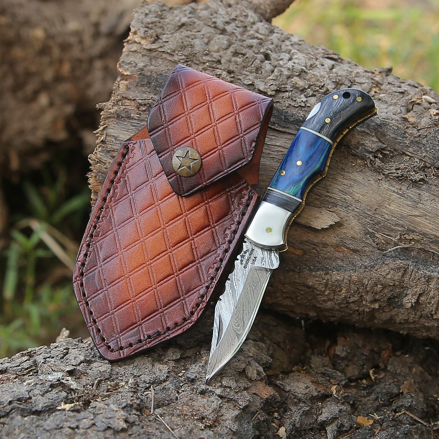 Bluesteel Damascus Folding Hunting Knife with Pakkawood Handle