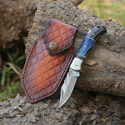 Bluesteel Damascus Folding Hunting Knife with Pakkawood Handle