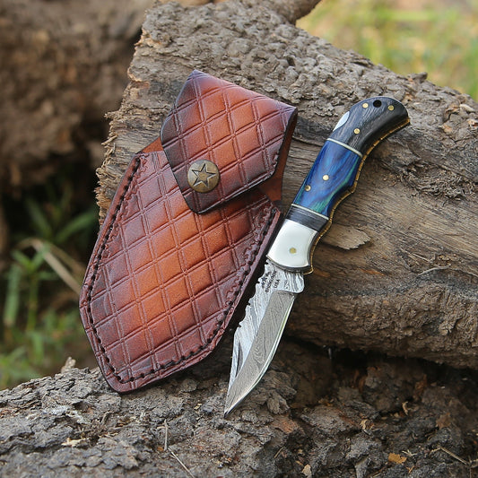Bluesteel Damascus Folding Hunting Knife with Pakkawood Handle