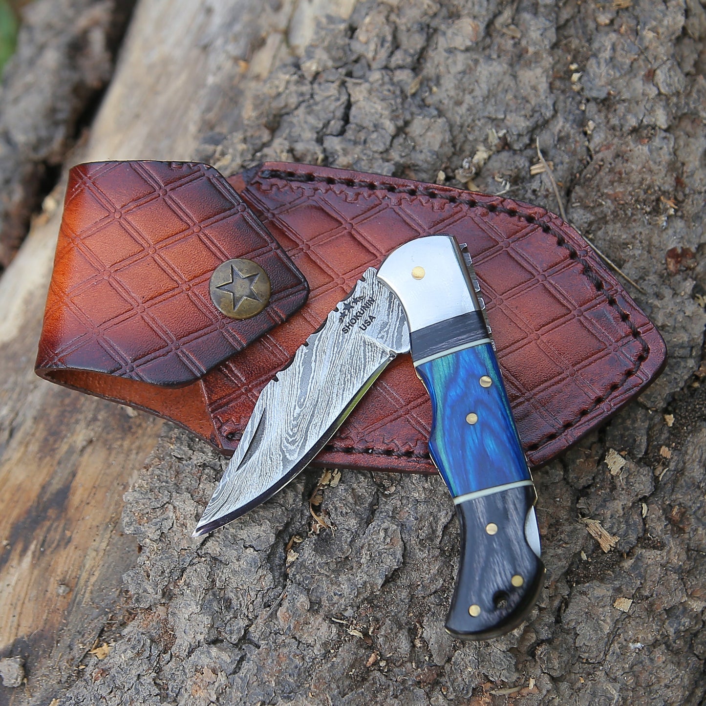 Bluesteel Damascus Folding Hunting Knife with Pakkawood Handle