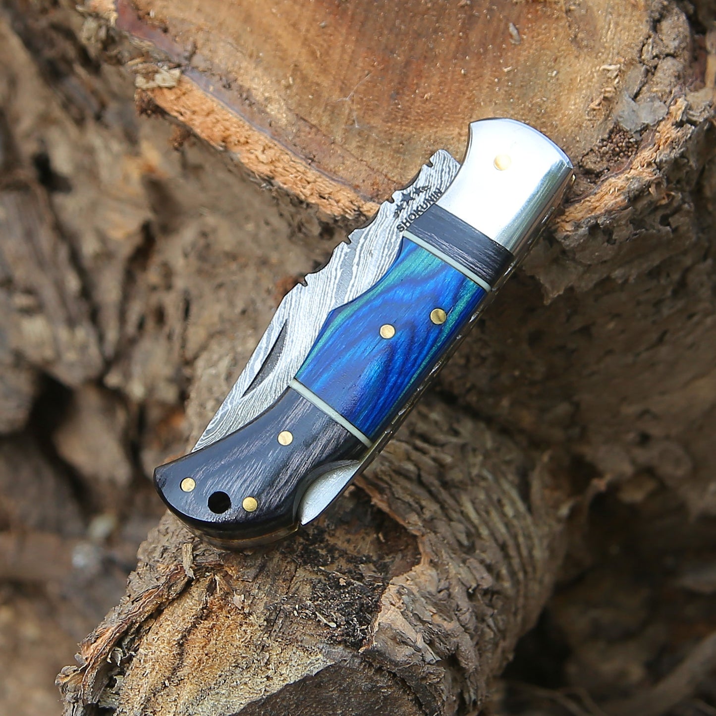 Bluesteel Damascus Folding Hunting Knife with Pakkawood Handle