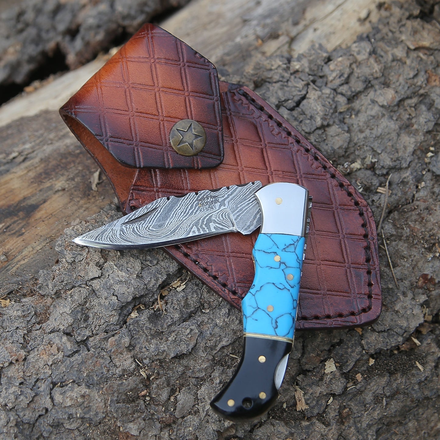 Phoenix Pocket Knife with Turrquoise & Bull Horn Handle