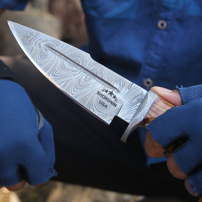 Frontier Custom Damascus Steel Knife with Charred Oak Wood Handle