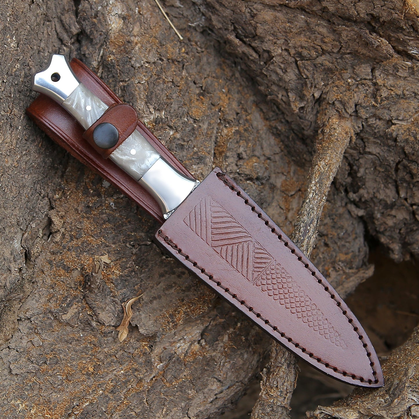 Prowler Damascus Fixed Blade Knife with Mother of Pearl Resin Handle