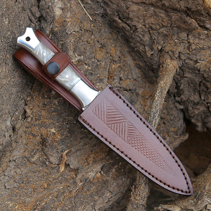 Prowler Damascus Fixed Blade Knife with Mother of Pearl Resin Handle