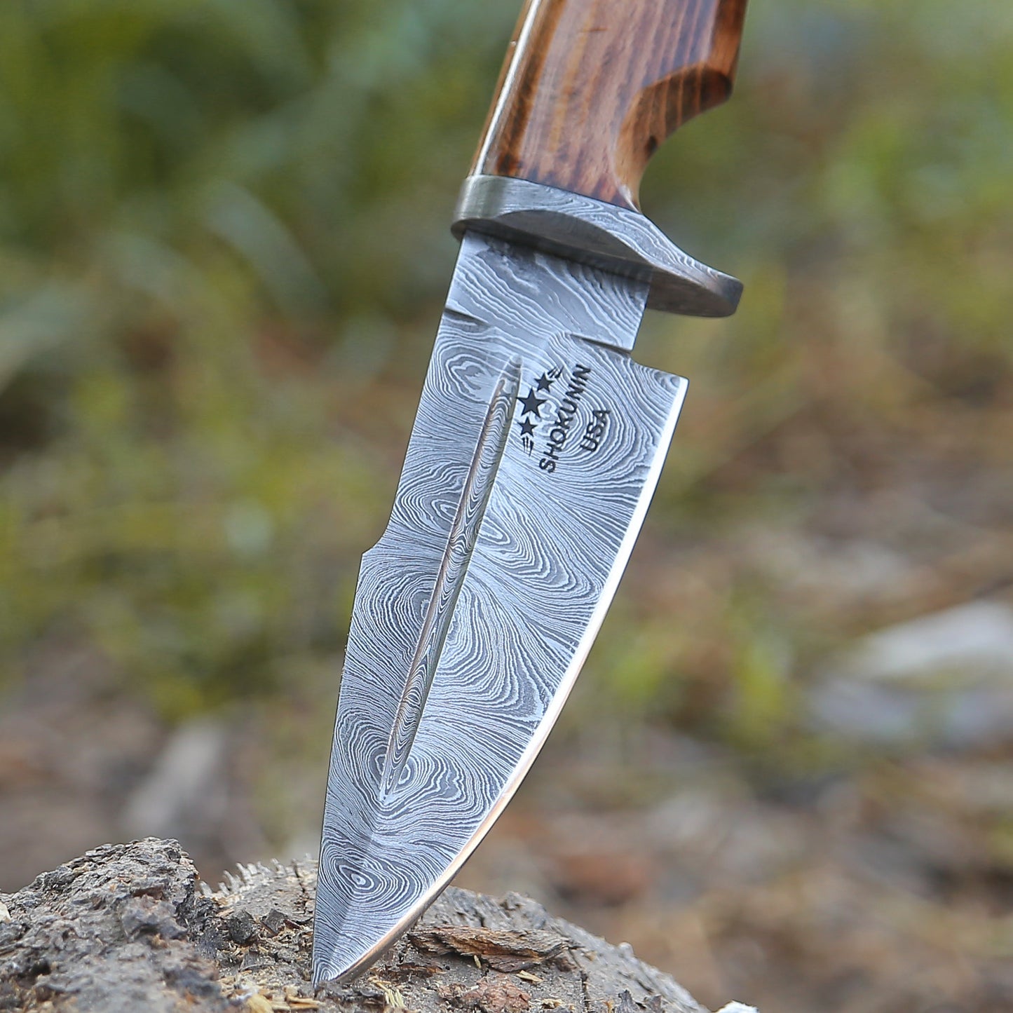 Frontier Custom Damascus Steel Knife with Charred Oak Wood Handle