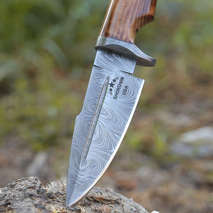 Frontier Custom Damascus Steel Knife with Charred Oak Wood Handle