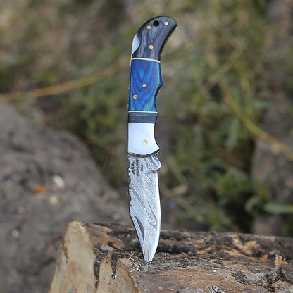 Bluesteel Damascus Folding Hunting Knife with Pakkawood Handle