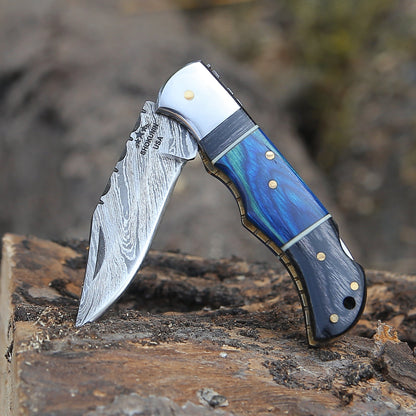 Bluesteel Damascus Folding Hunting Knife with Pakkawood Handle