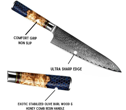 Yamato Chef knife with Exotic Olive Burl Wood & Honeycomb Composite Handle
