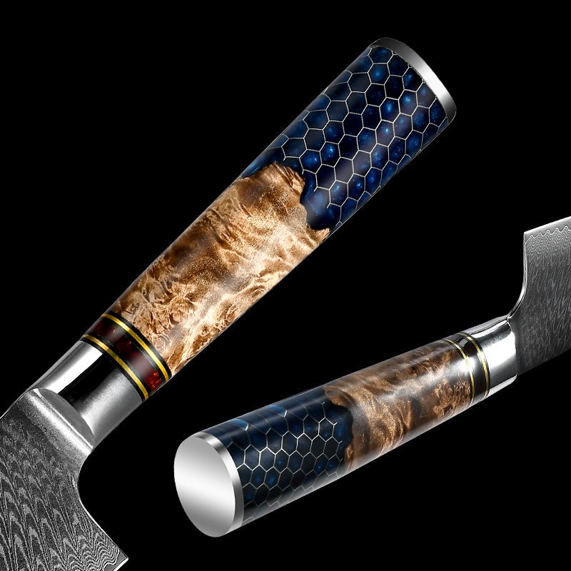 Yamato Chef knife with Exotic Olive Burl Wood & Honeycomb Composite Handle
