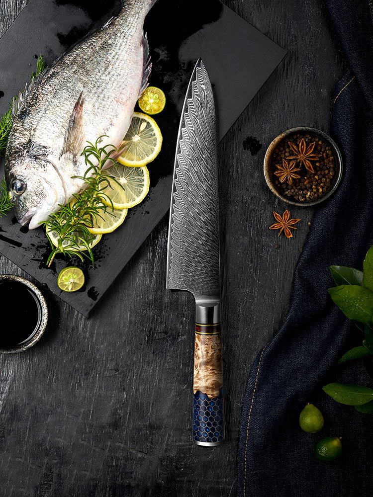 Yamato Chef knife with Exotic Olive Burl Wood & Honeycomb Composite Handle