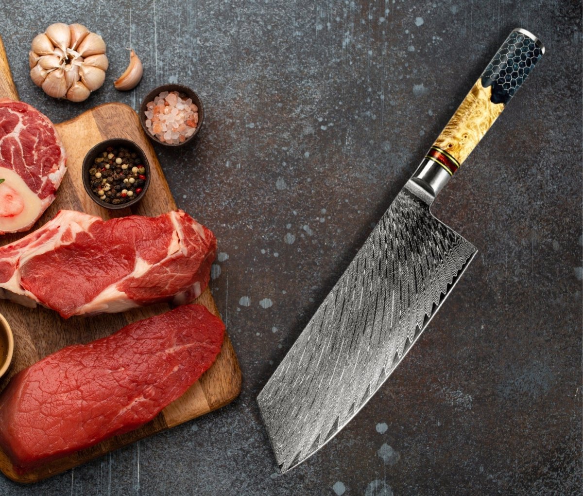 Yamato VG10 Damascus Cleaver Knife with Exotic Olive Wood & Honeycomb Composite Handle