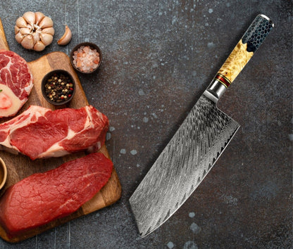 Yamato VG10 Damascus Cleaver Knife with Exotic Olive Wood & Honeycomb Composite Handle