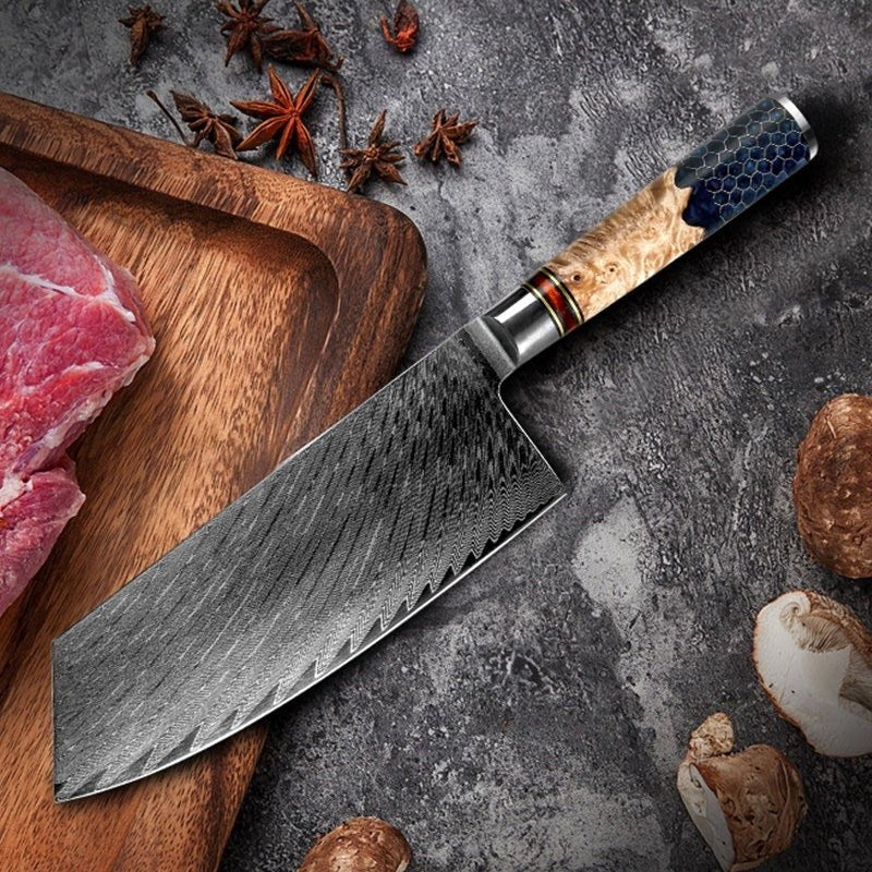 Yamato VG10 Damascus Cleaver Knife with Exotic Olive Wood & Honeycomb Composite Handle