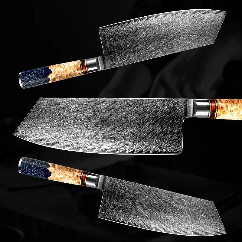 Yamato VG10 Damascus Cleaver Knife with Exotic Olive Wood & Honeycomb Composite Handle