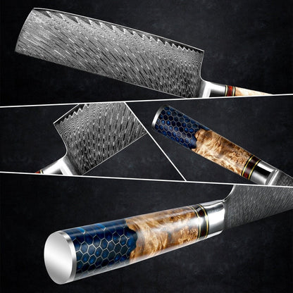 Yamato VG10 Chef Knife Damascus Nakiri Knife with Exotic Olive Wood & Honeycomb Resin Handle