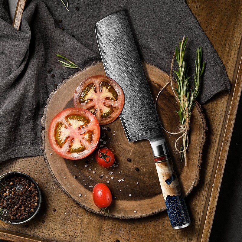 Yamato VG10 Chef Knife Damascus Nakiri Knife with Exotic Olive Wood & Honeycomb Resin Handle