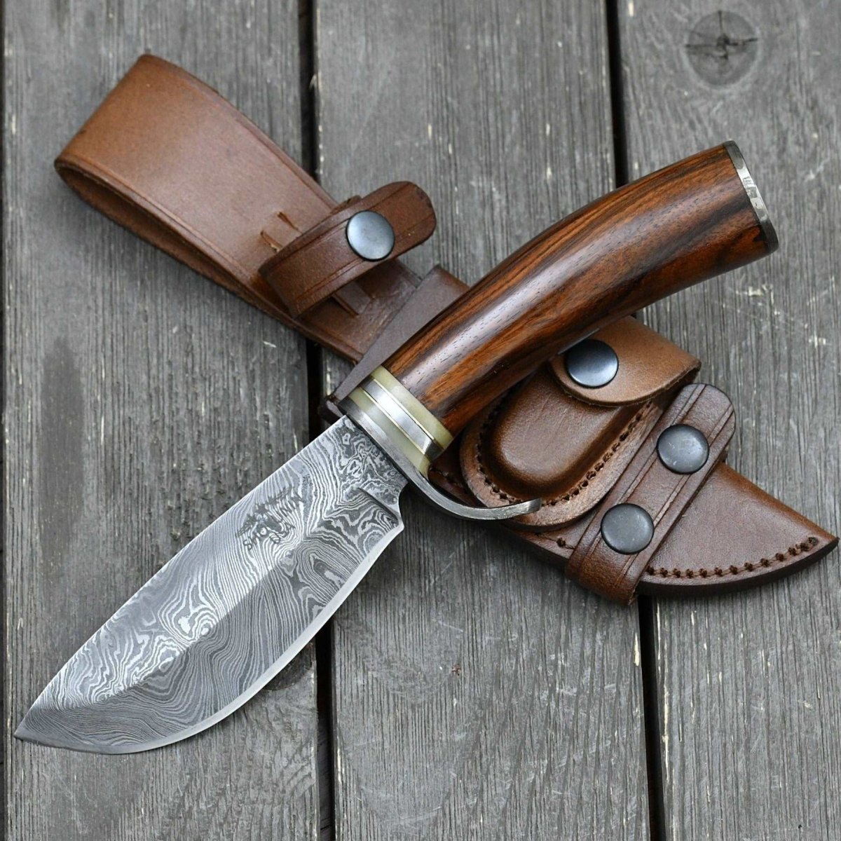 Zen Damascus Hunting Knife with Exotic Rose Wood Handle