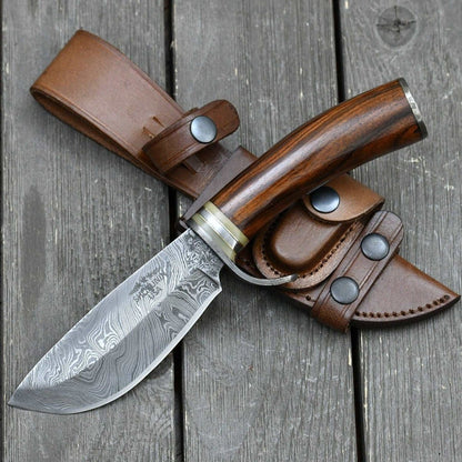 Zen Damascus Hunting Knife with Exotic Rose Wood Handle