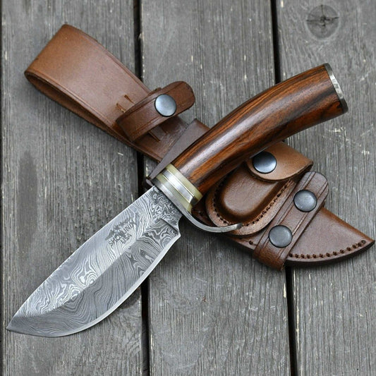 Zen Damascus Hunting Knife with Exotic Rose Wood Handle